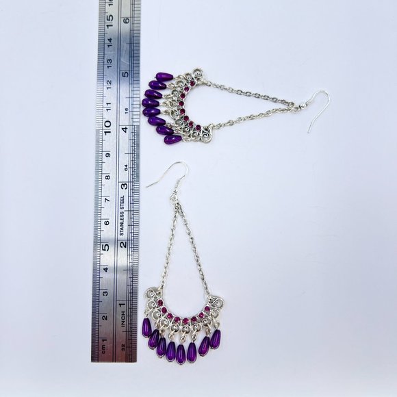 NWT - Robert Rose - Purple Beaded Chandelier Shiny Silver Tone Fishhook Earrings - Picture 6 of 7